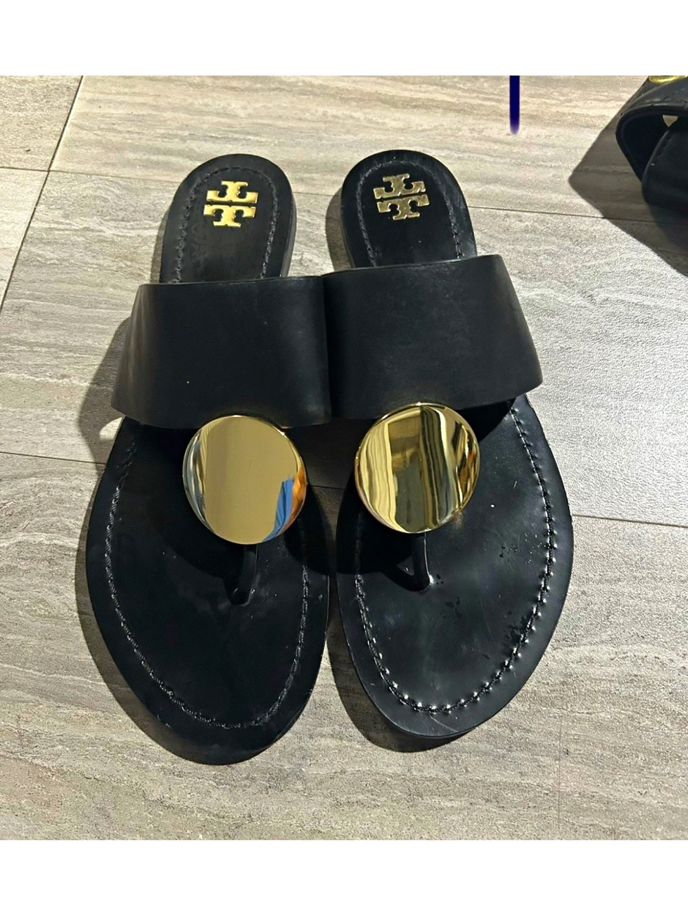 Tory Burch Black Leather Slide Sandals with Gold Disc Accent